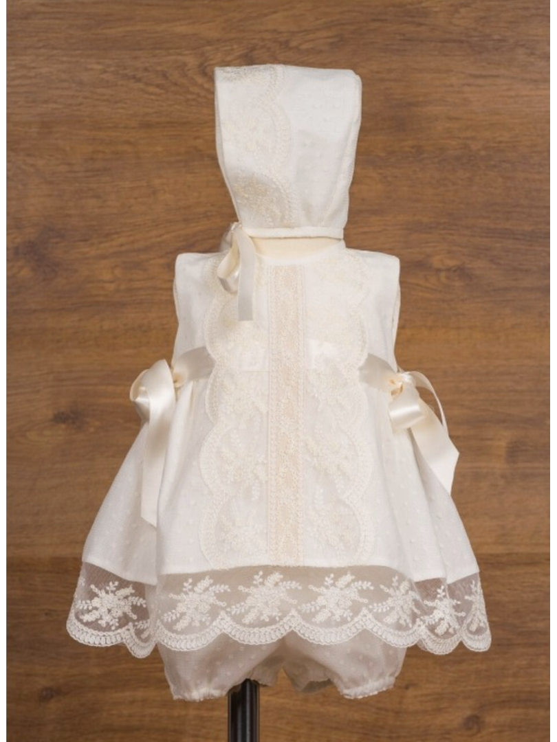 Mikimama tulle with Lace sleeveless Baby Ceremony Dress and Bonnet