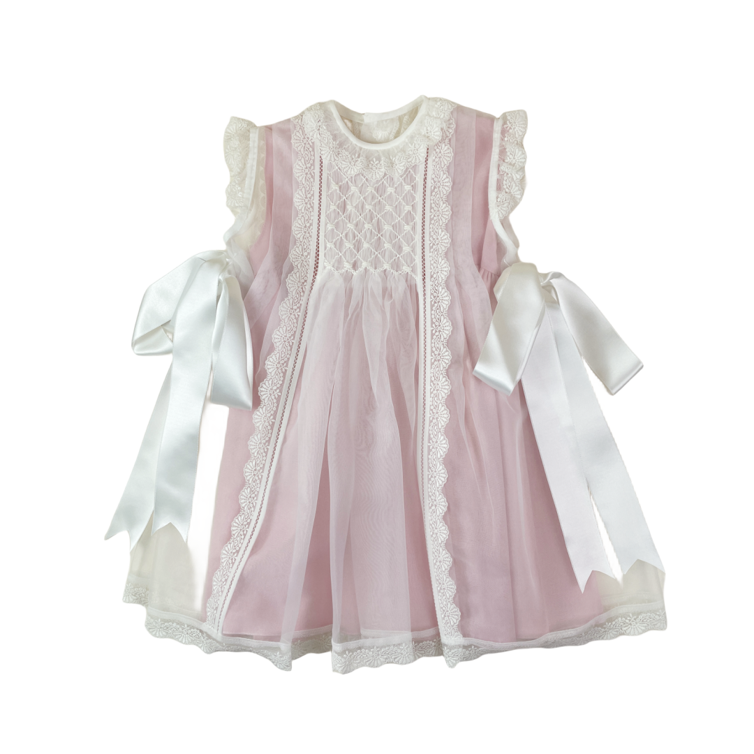 Pink crystal  2-piece Luxe Handsmocked Baby Dress