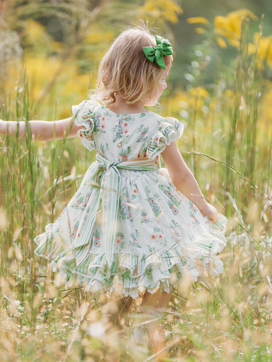 JannyBB Girl Dress Lace Crew Collar Puff Sleeve Cotton Kids Princess Dress