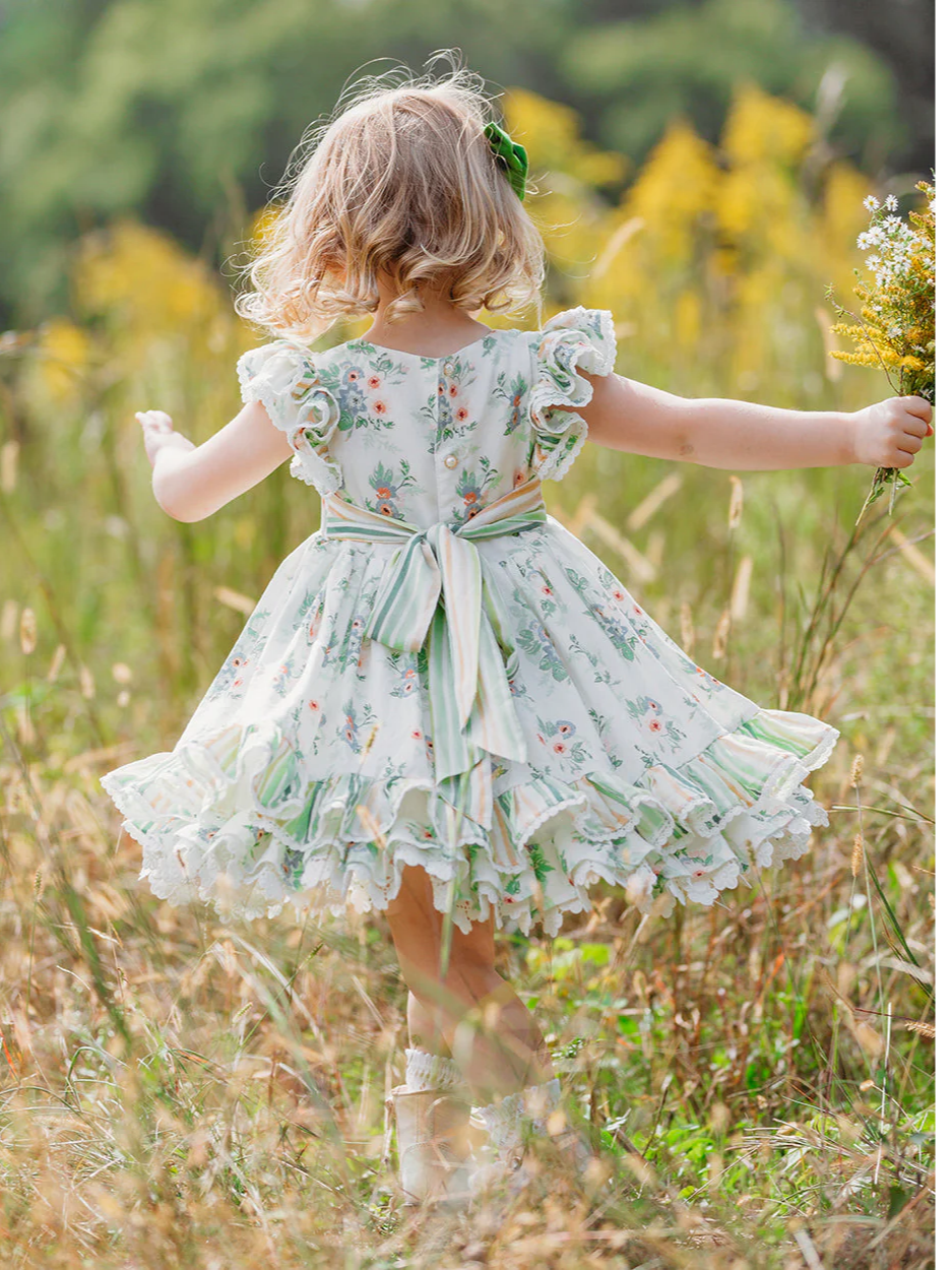JannyBB Girl Dress Lace Crew Collar Puff Sleeve Cotton Kids Princess Dress