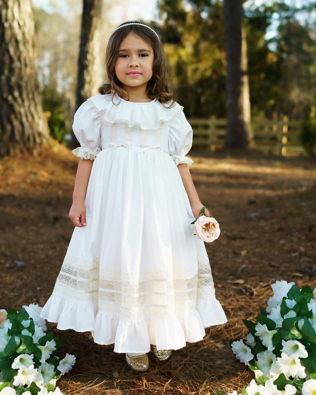 JannyBB White Champagne Lace Wave Neck Heirloom Dress
