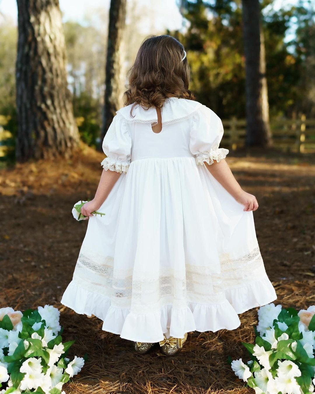 JannyBB White Champagne Lace Wave Neck Heirloom Dress