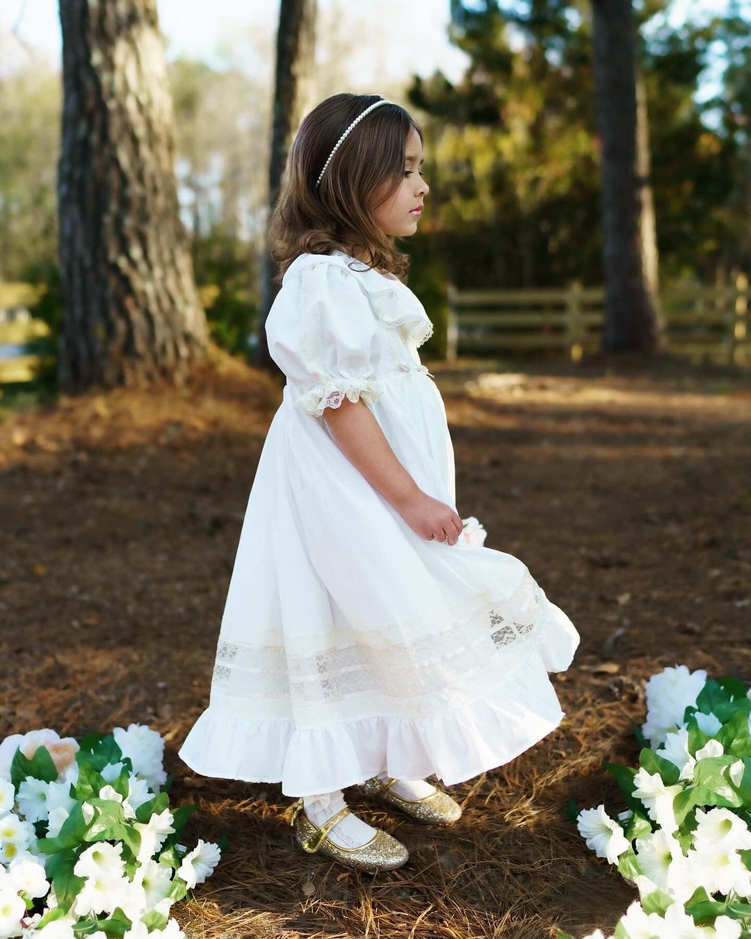 JannyBB White Champagne Lace Wave Neck Heirloom Dress
