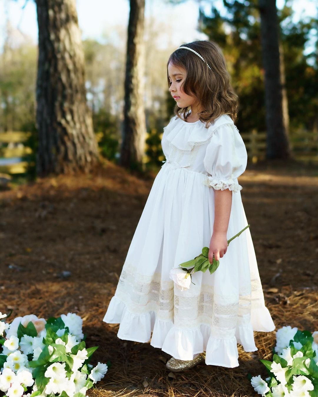 JannyBB White Champagne Lace Wave Neck Heirloom Dress