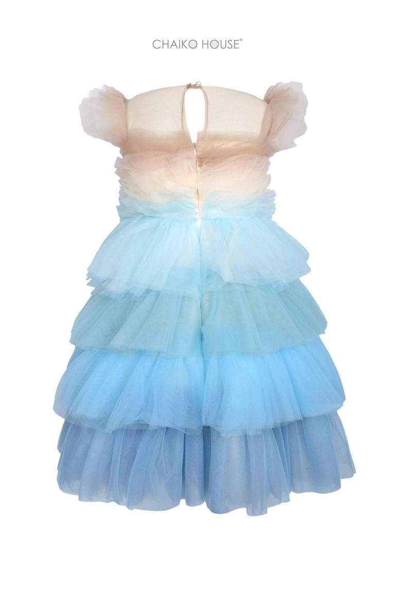 Light Blue and Orange Dress with 3D Flowers and Pleated Tulle Skirt| Pre-order