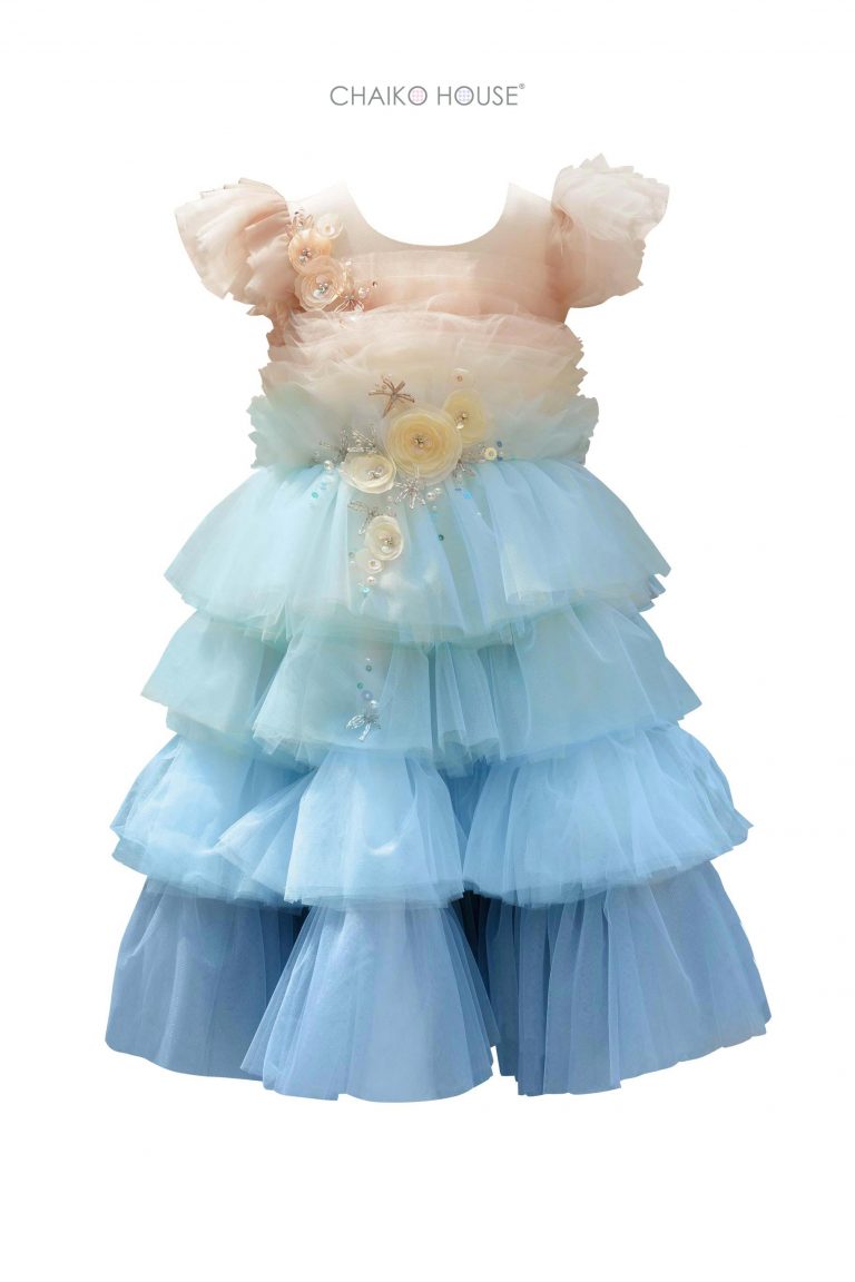 Light Blue and Orange Dress with 3D Flowers and Pleated Tulle Skirt| Pre-order