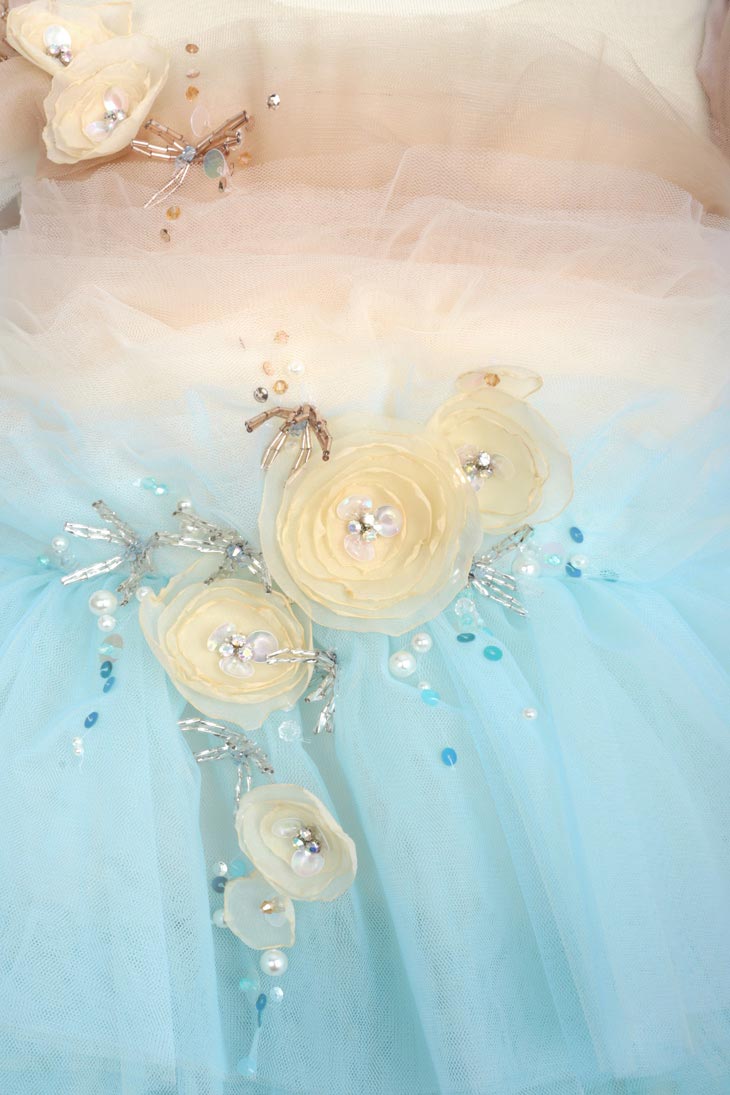 Light Blue and Orange Dress with 3D Flowers and Pleated Tulle Skirt| Pre-order