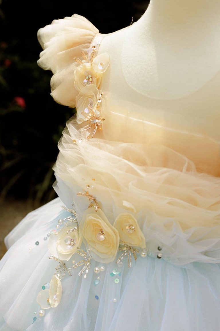 Light Blue and Orange Dress with 3D Flowers and Pleated Tulle Skirt| Pre-order