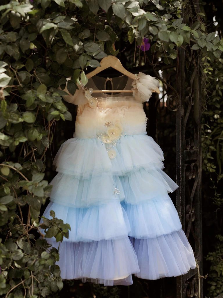Light Blue and Orange Dress with 3D Flowers and Pleated Tulle Skirt| Pre-order