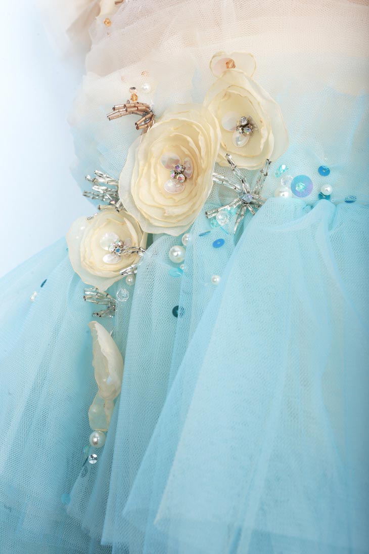 Light Blue and Orange Dress with 3D Flowers and Pleated Tulle Skirt| Pre-order