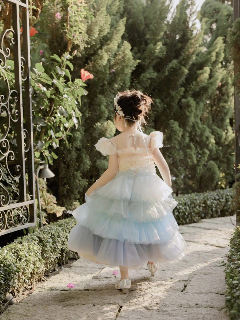 Light Blue and Orange Dress with 3D Flowers and Pleated Tulle Skirt| Pre-order