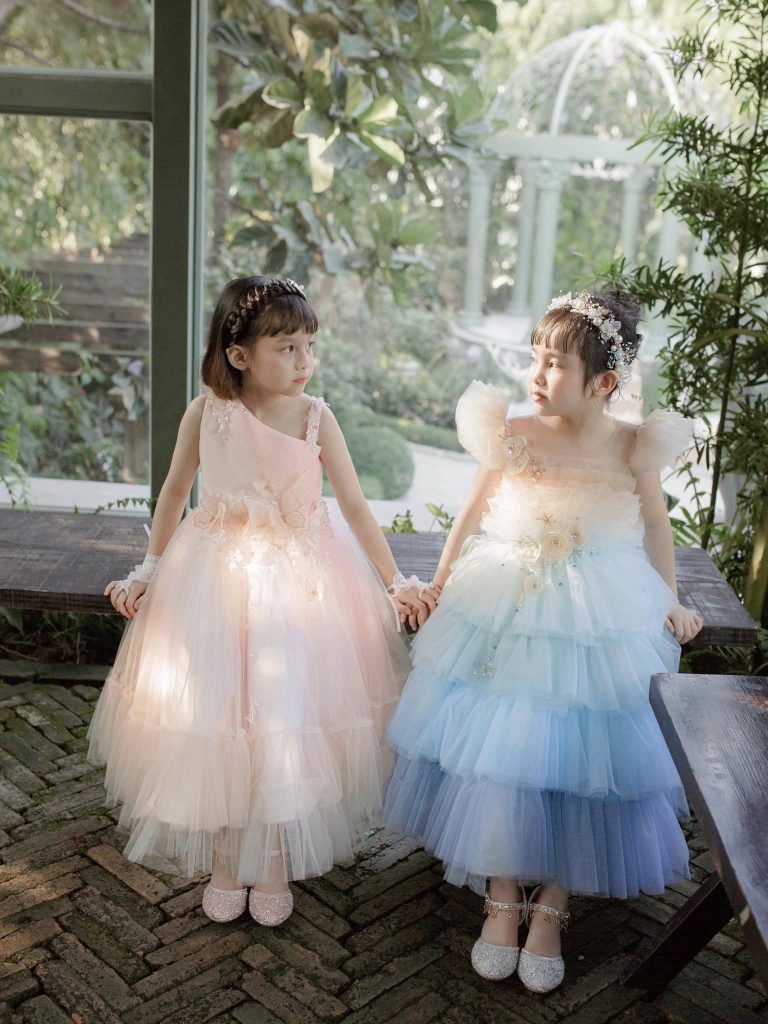 Light Blue and Orange Dress with 3D Flowers and Pleated Tulle Skirt| Pre-order