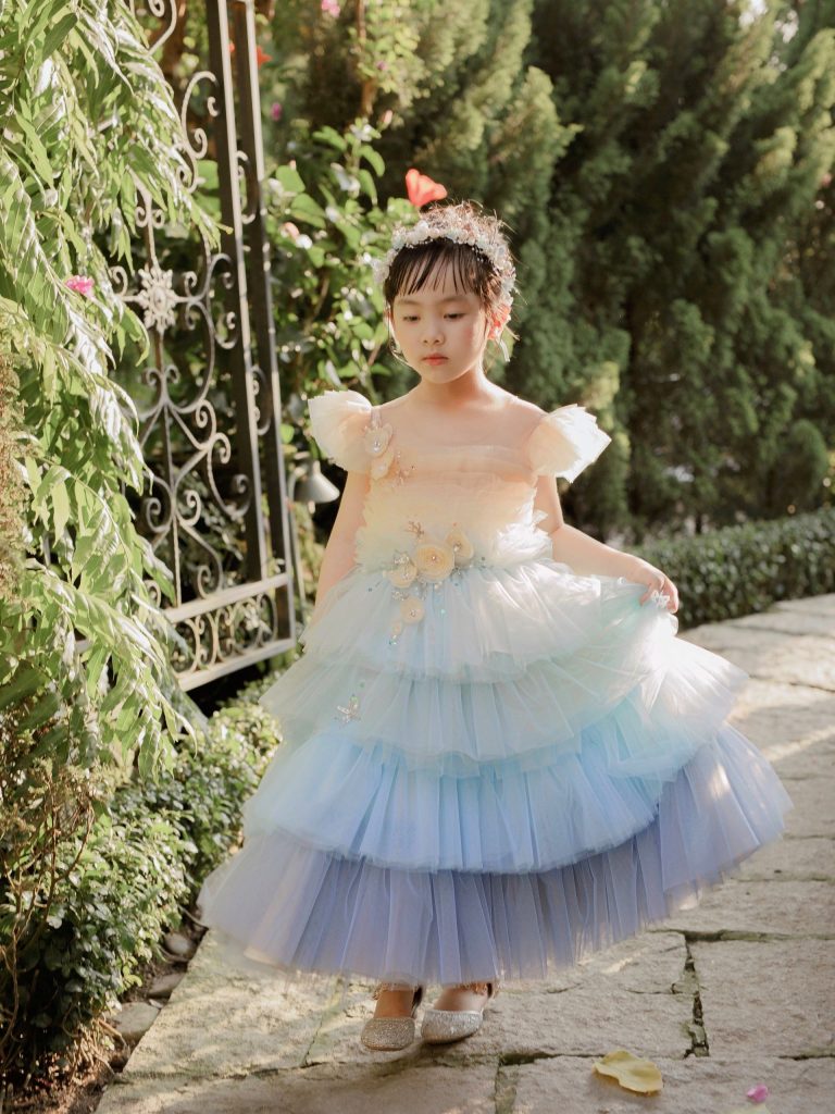 Light Blue and Orange Dress with 3D Flowers and Pleated Tulle Skirt| Pre-order