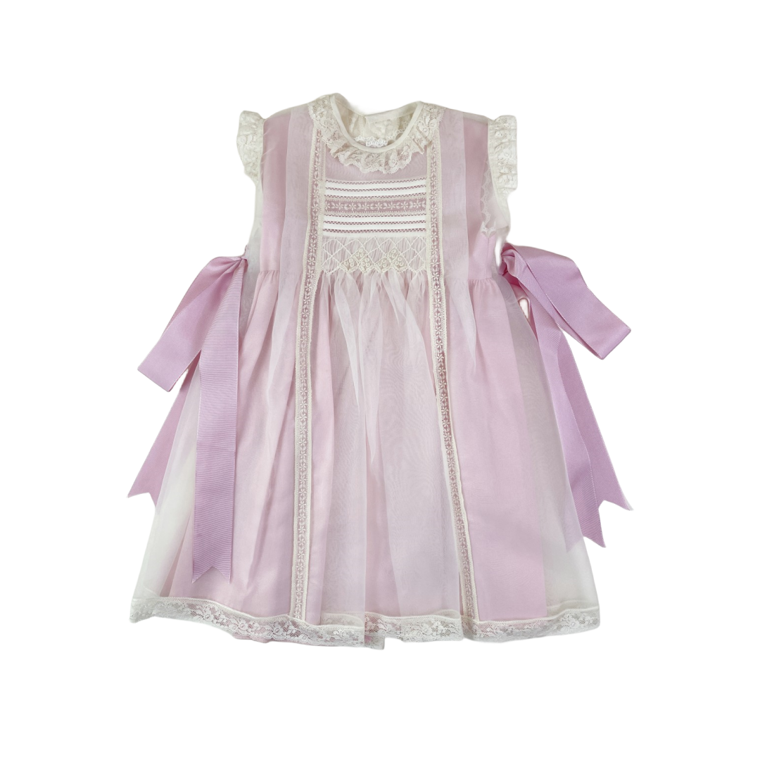 Spain Handmade smocked 2-piece Pink baby dress