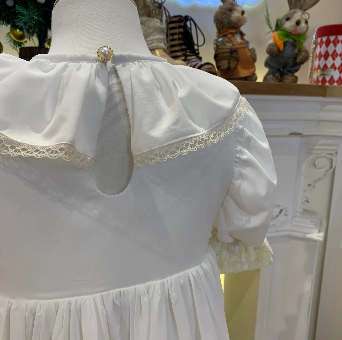 JannyBB White Champagne Lace Wave Neck Heirloom Dress