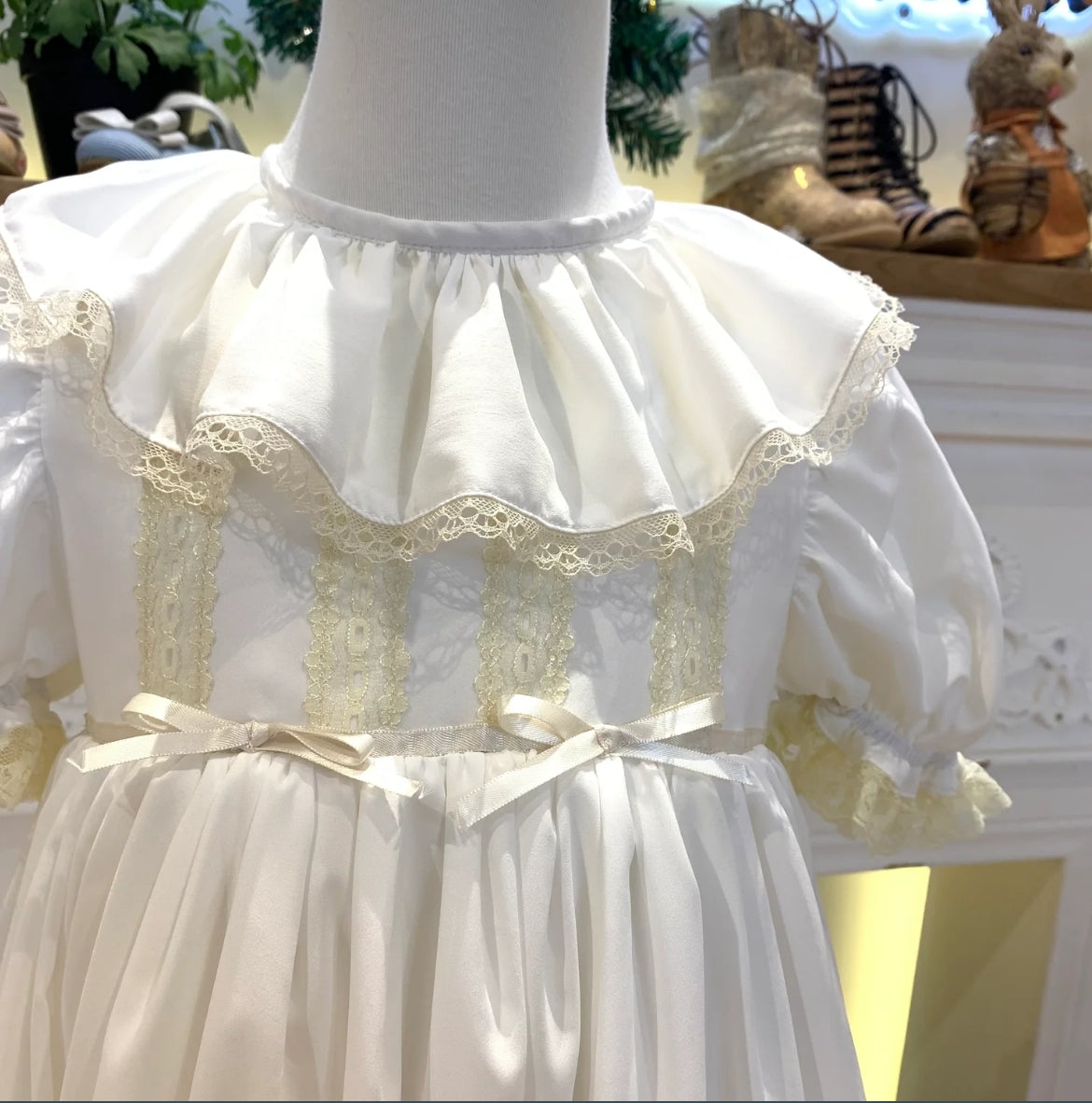 JannyBB White Champagne Lace Wave Neck Heirloom Dress