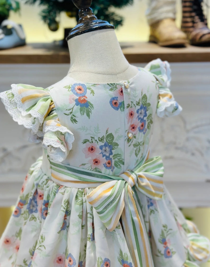 JannyBB Girl Dress Lace Crew Collar Puff Sleeve Cotton Kids Princess Dress