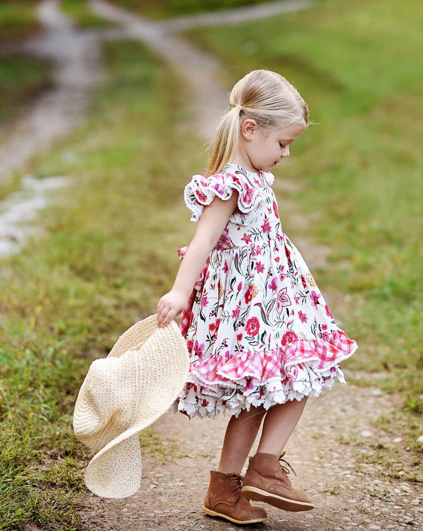 JannyBB Girl Dress Lace Crew Collar Puff Sleeve Cotton Kids Princess Dress