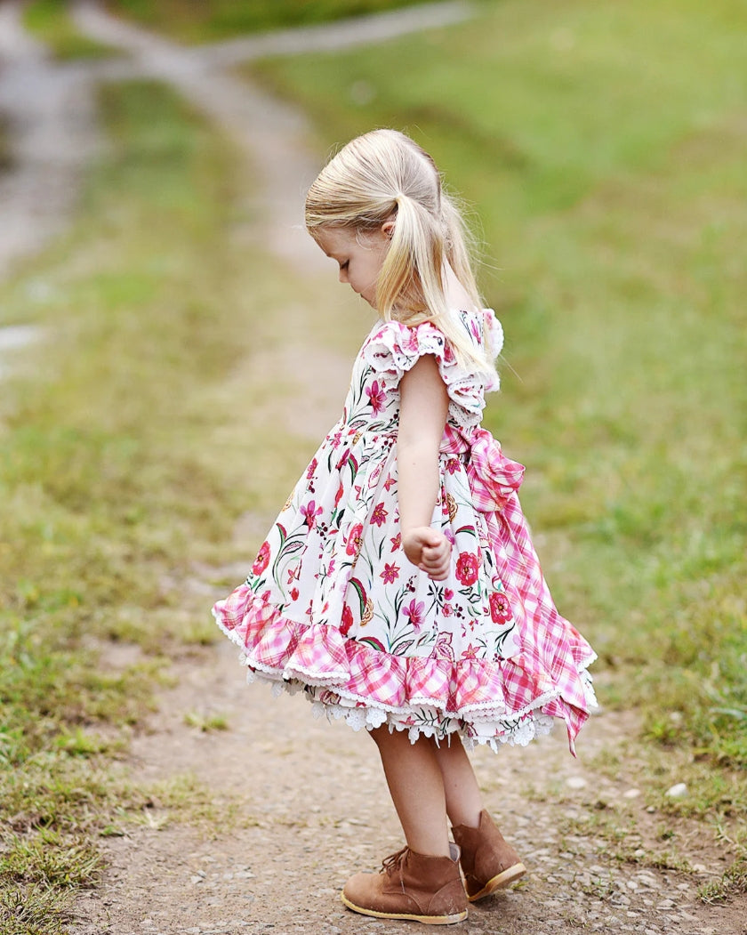 JannyBB Girl Dress Lace Crew Collar Puff Sleeve Cotton Kids Princess Dress