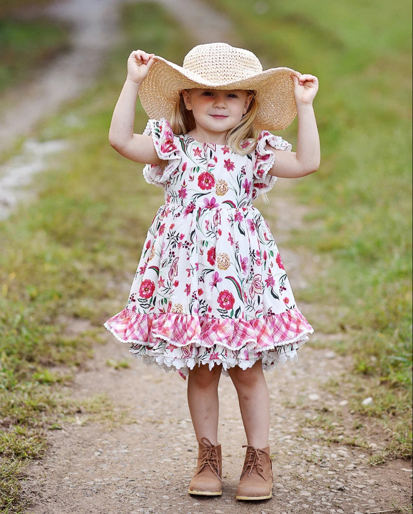 JannyBB Girl Dress Lace Crew Collar Puff Sleeve Cotton Kids Princess Dress