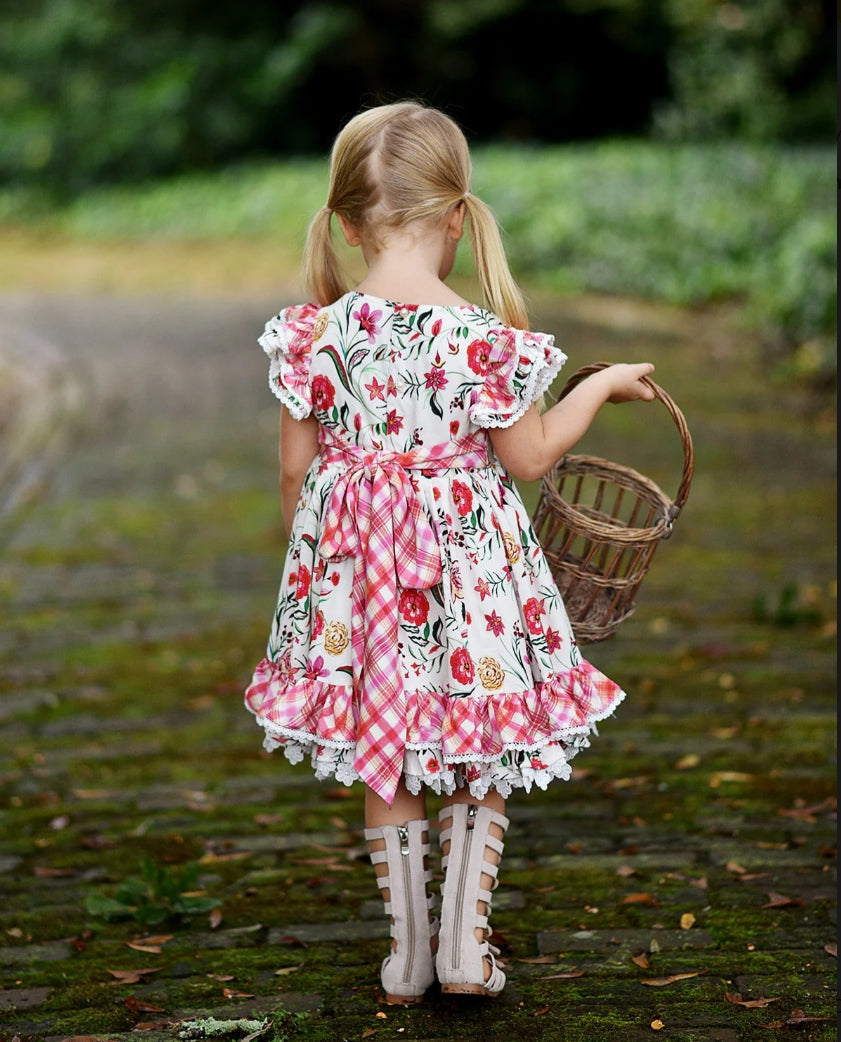 JannyBB Girl Dress Lace Crew Collar Puff Sleeve Cotton Kids Princess Dress