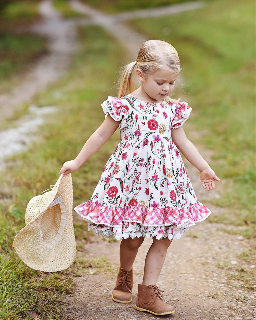 JannyBB Girl Dress Lace Crew Collar Puff Sleeve Cotton Kids Princess Dress