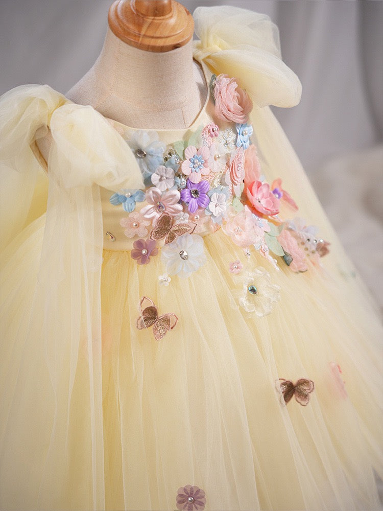 Sunshine Yellow Fairy Dress – 3D Flowers & Butterflies