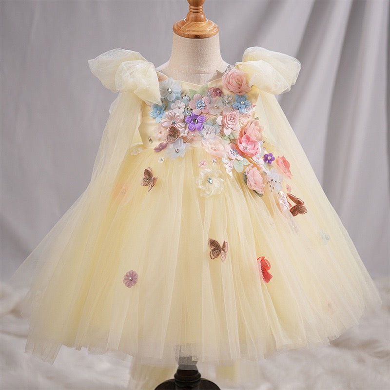 Sunshine Yellow Fairy Dress – 3D Flowers & Butterflies