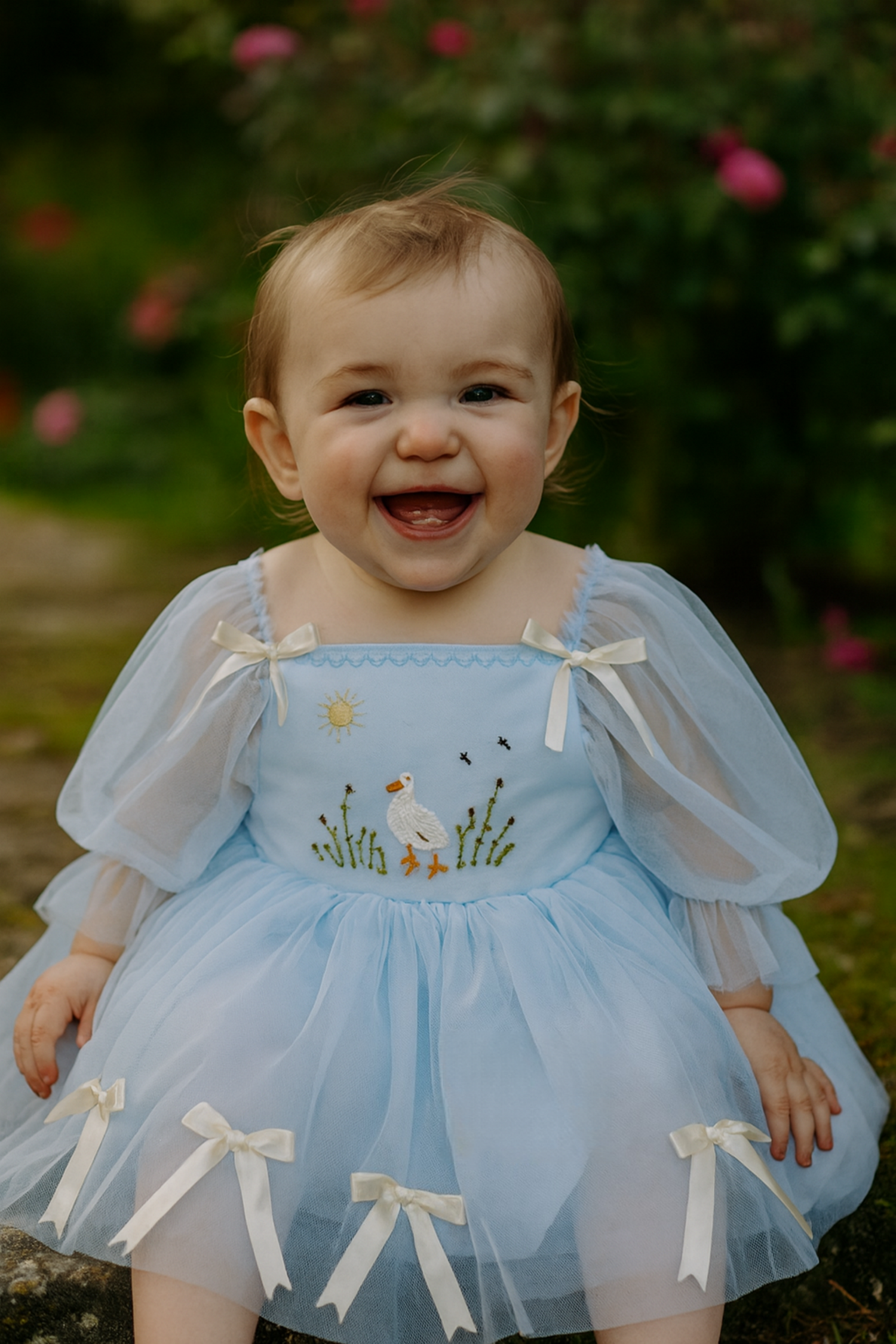 Blue Silly Goose Hand-Embroidered Tulle Birthday Dress| Pre-order