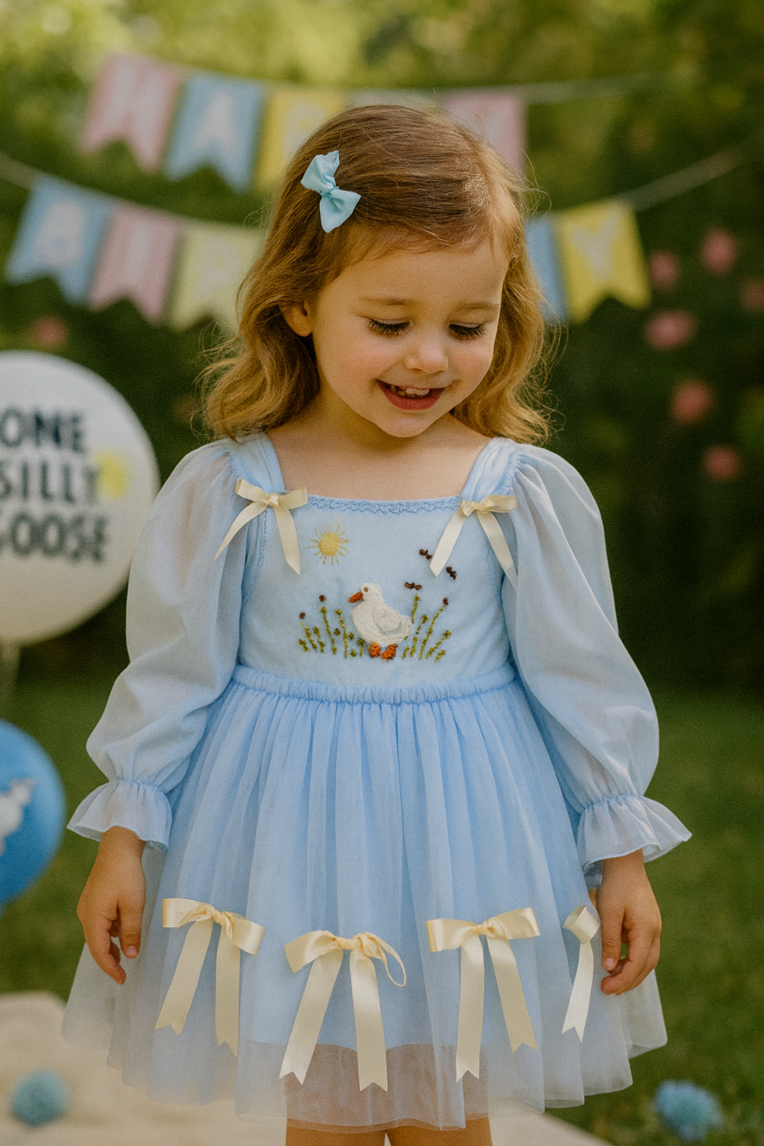 Blue Silly Goose Hand-Embroidered Tulle Birthday Dress| Pre-order