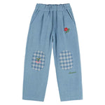 Bleu-Délavé Patchwork Cherry Embroidered Cotton Trousers