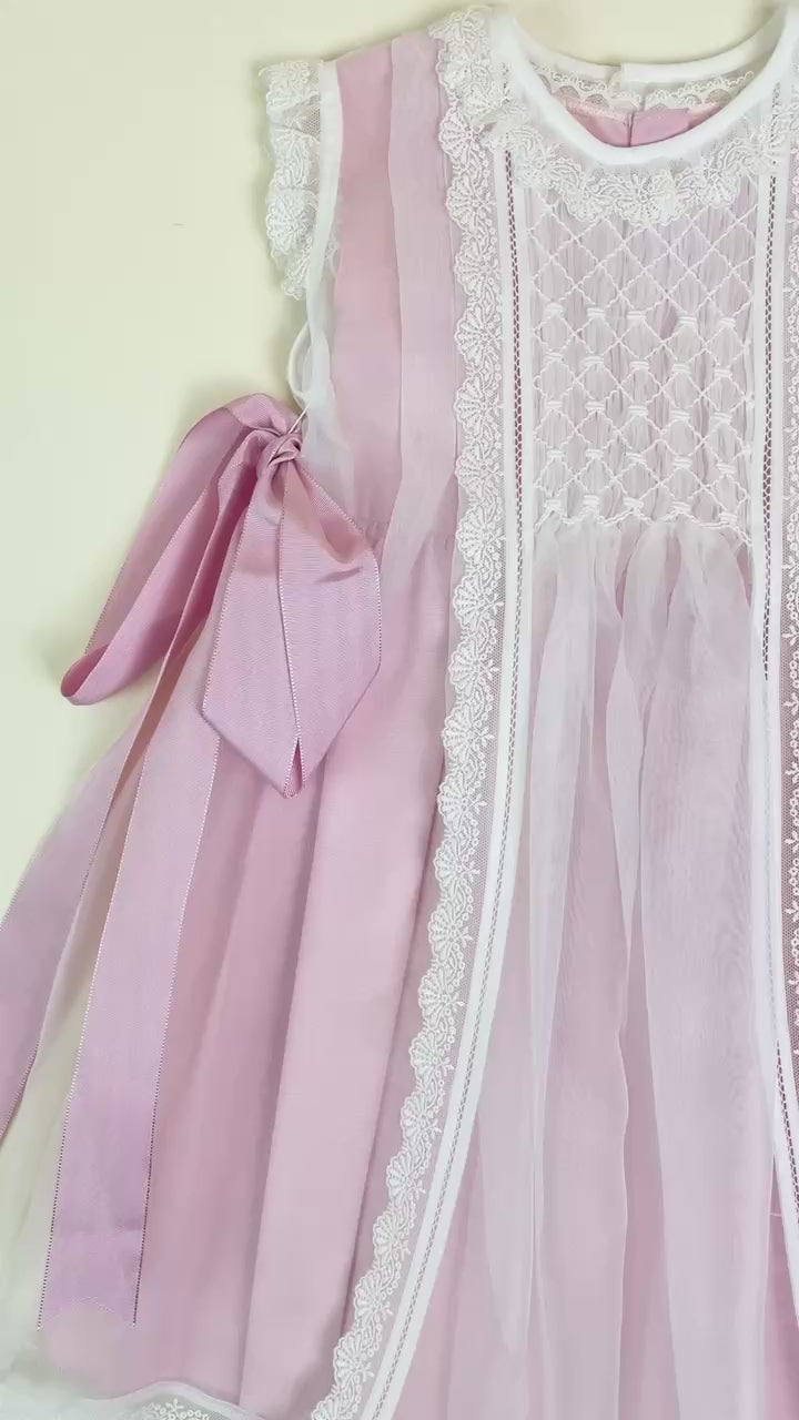 Pink crystal  2-piece Luxe Handsmocked Baby Dress