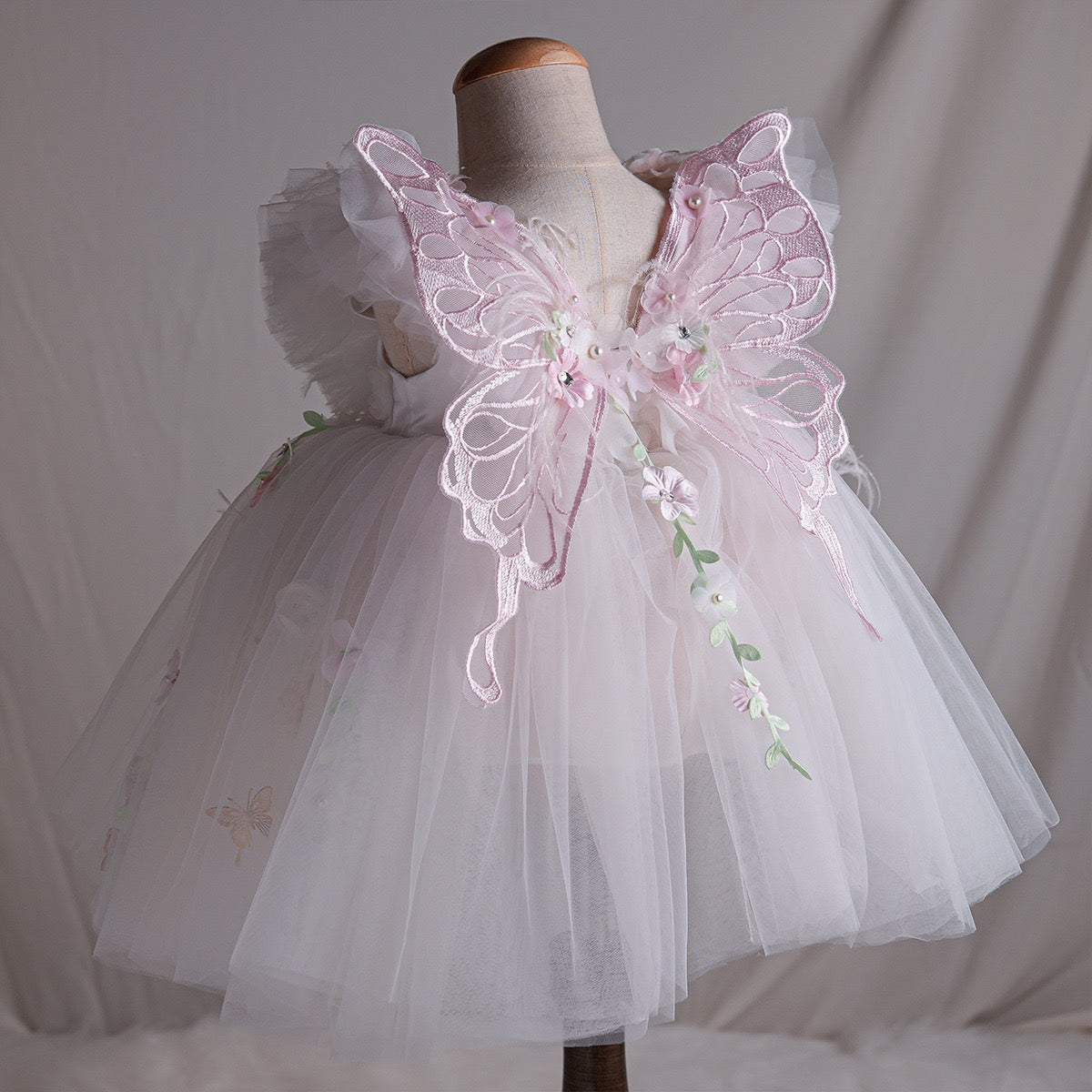 3D Floral White Fairy Dress with Butterfly Wings