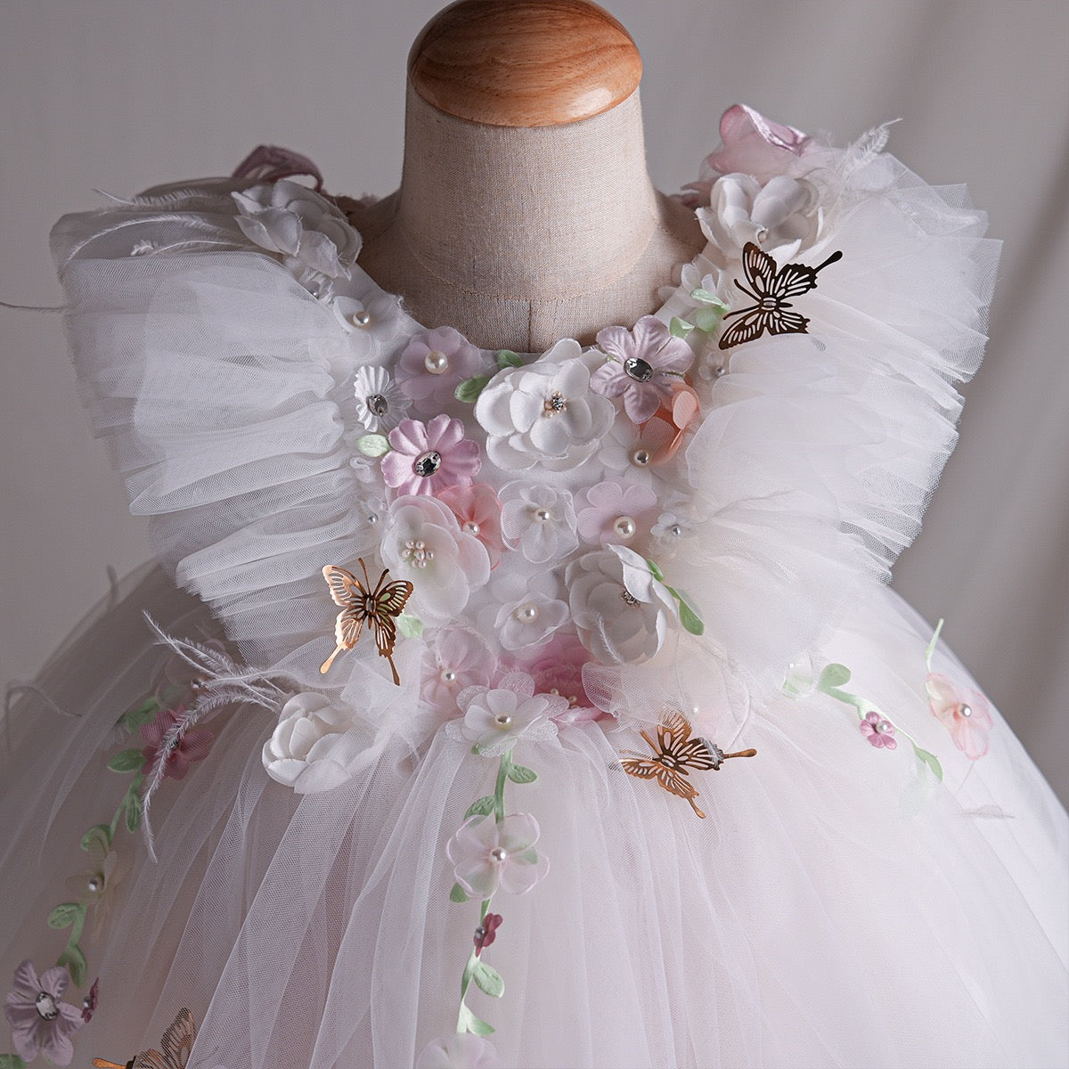 3D Floral White Fairy Dress with Butterfly Wings