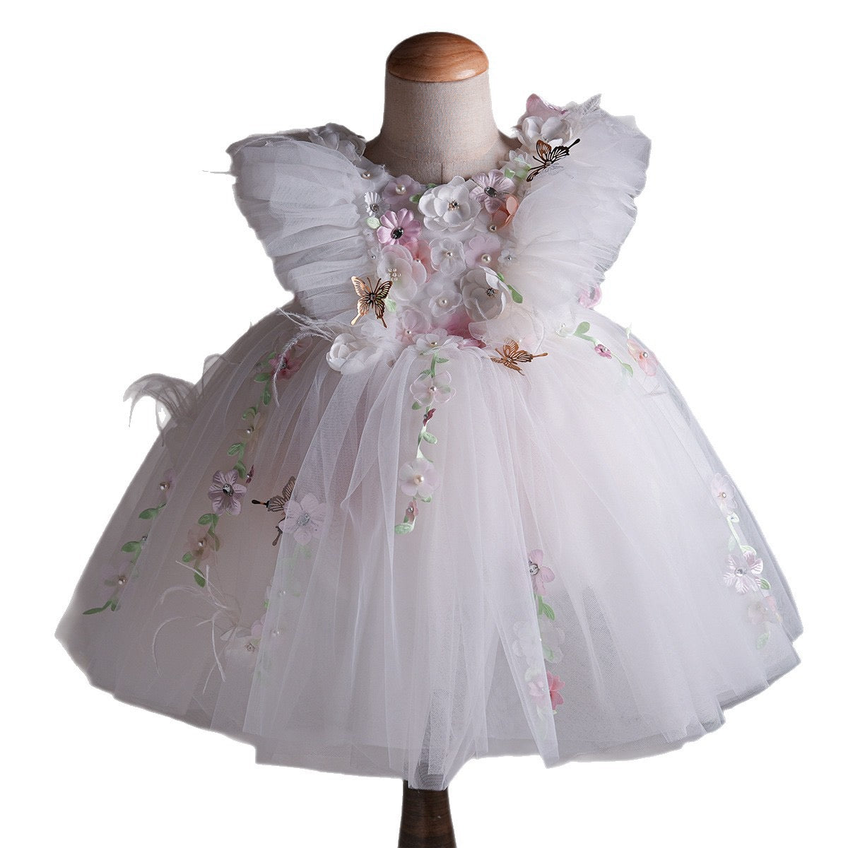 White Flower Girl Dress with 3D Butterfly 100cm--(2-3Yrs) / White White Flower Girl Dress with 3D Butterfly 100cm--(2-3Yrs) / White