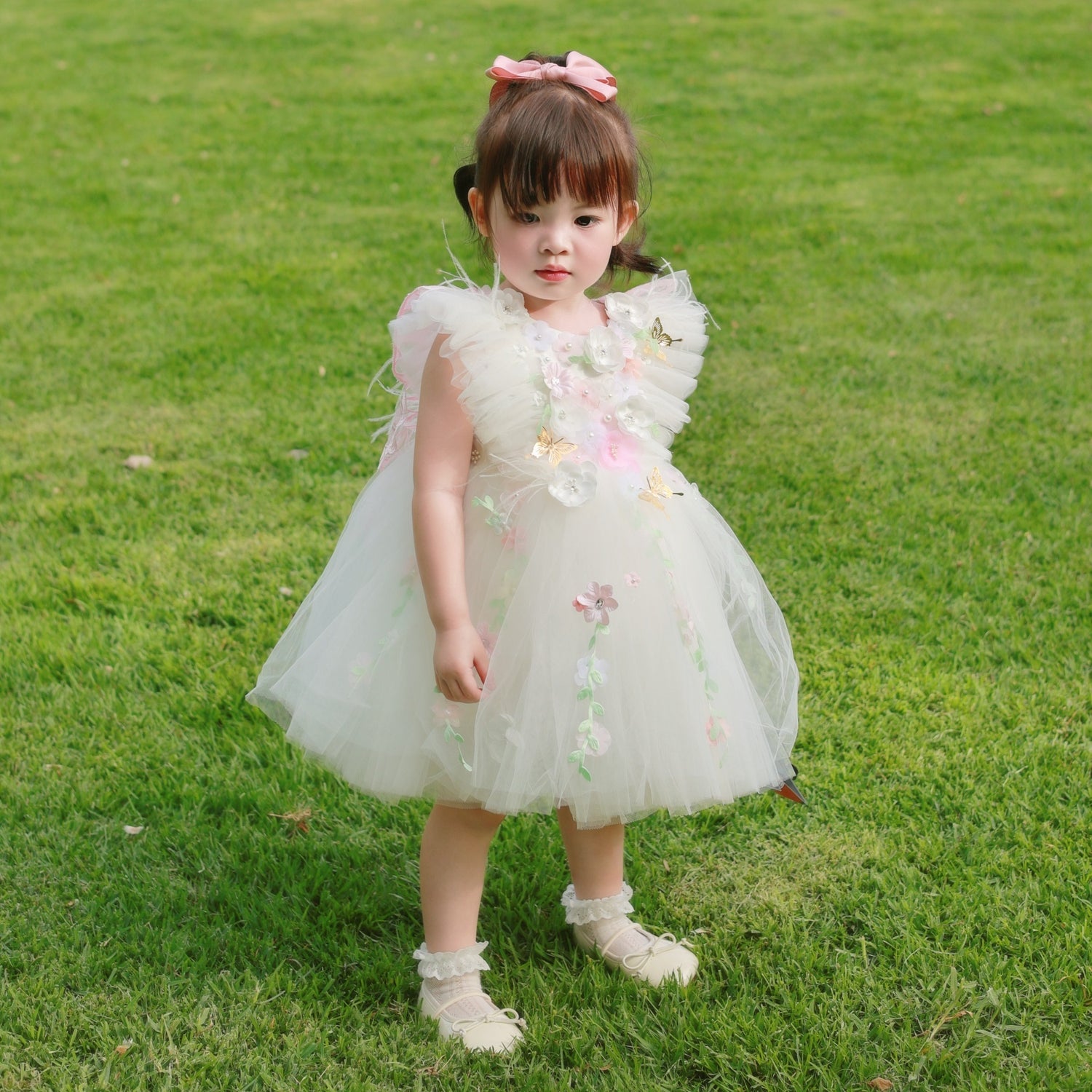 3D Floral White Fairy Dress with Butterfly Wings