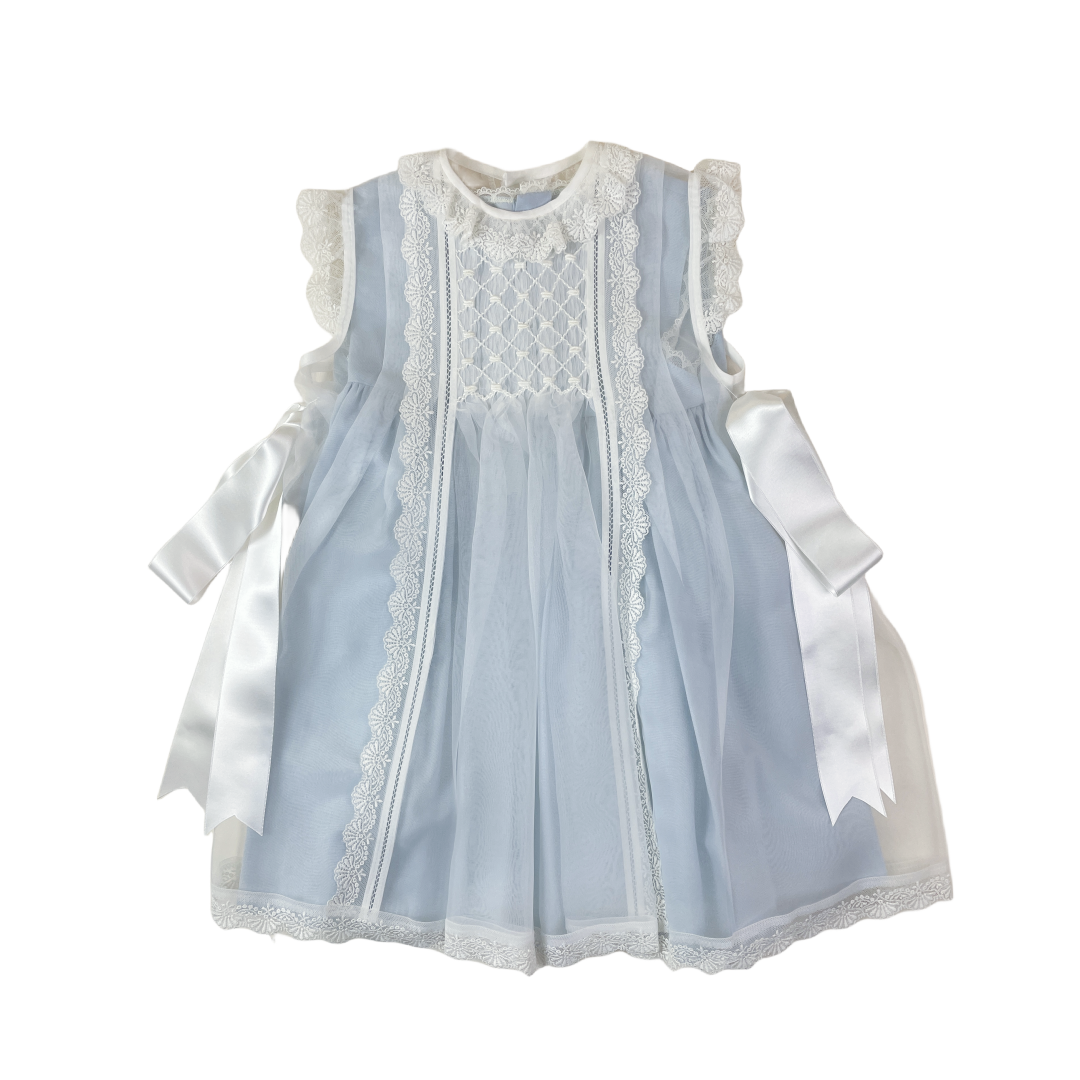 Luxe Crystal 2-Piece Handsmocked Blue Baby Dress White- Blue Lining/Bow's Beige / 24M