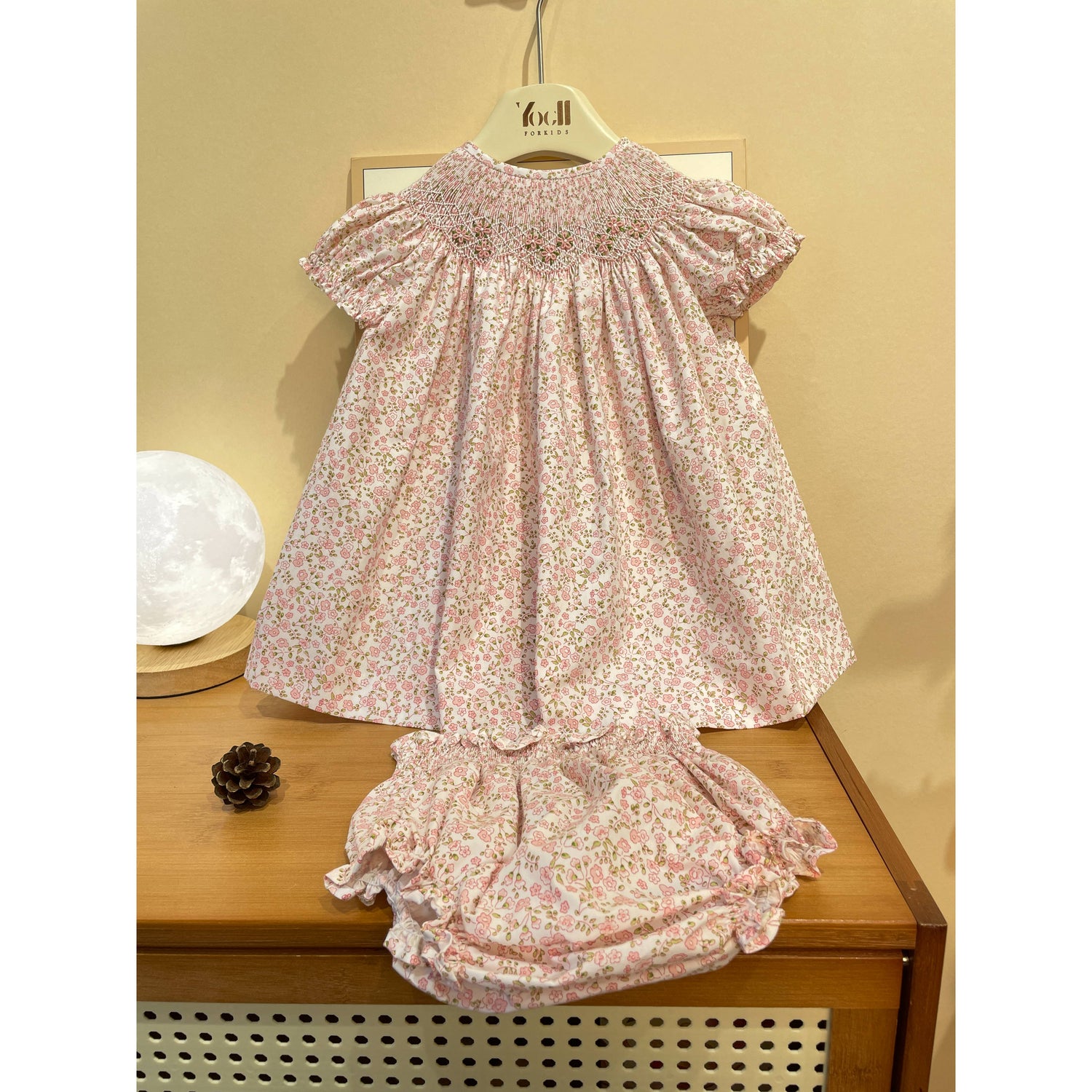 Girl's Pink Floral Handmade Embroidered Hugging Dress Shorts Set