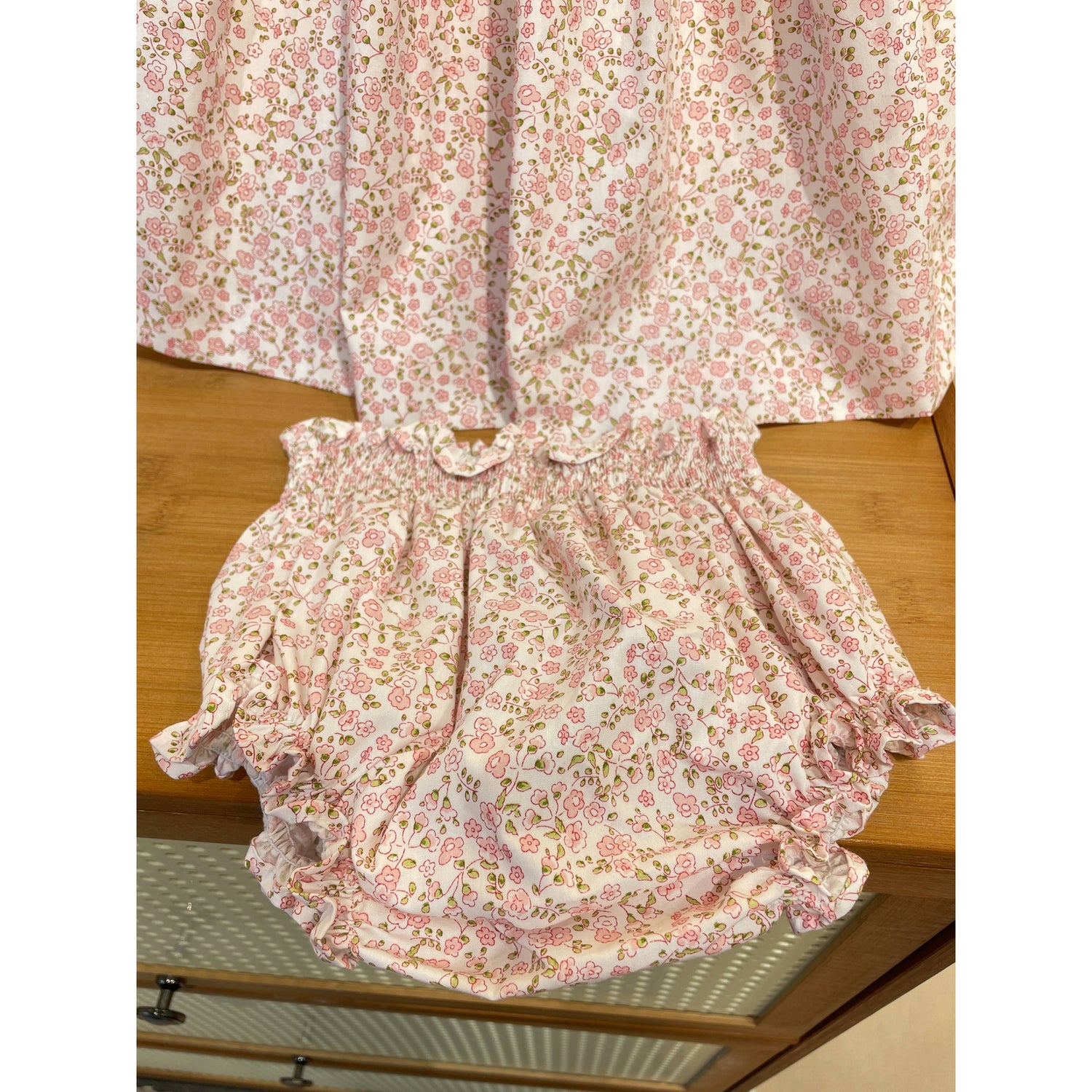 Girl's Pink Floral Handmade Embroidered Hugging Dress Shorts Set