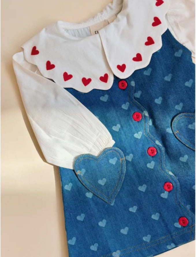 Floess Girls' Heart-Patterned Denim Dress