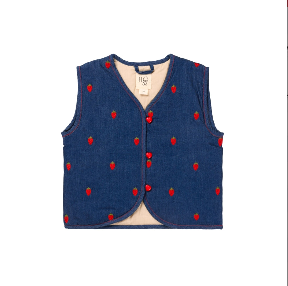 Floess Girls' Denim Quilted Vest with Strawberry Embroidery