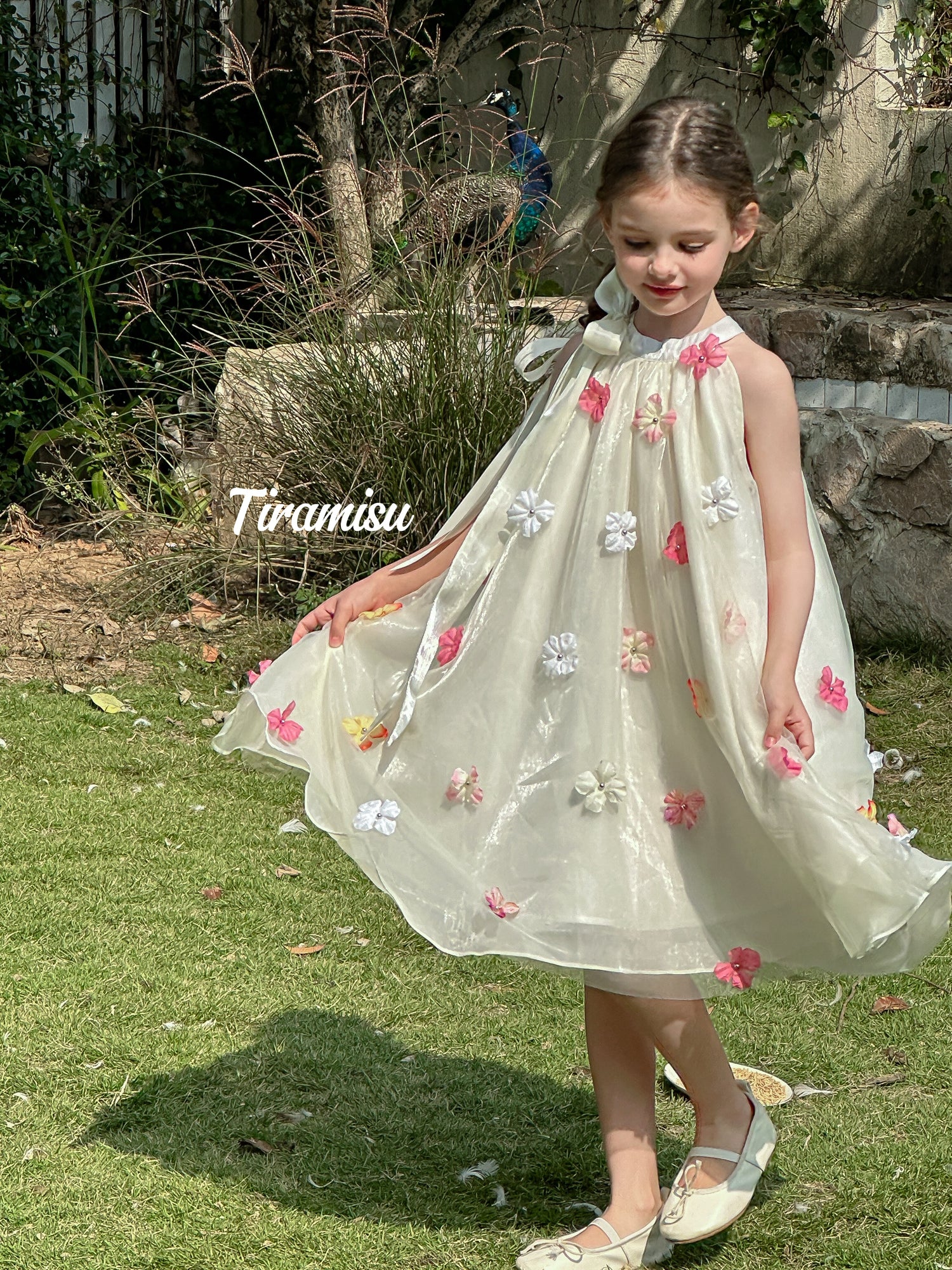 Sleeveless Halter Dress with 3D Floral Details for Girls Pre-order