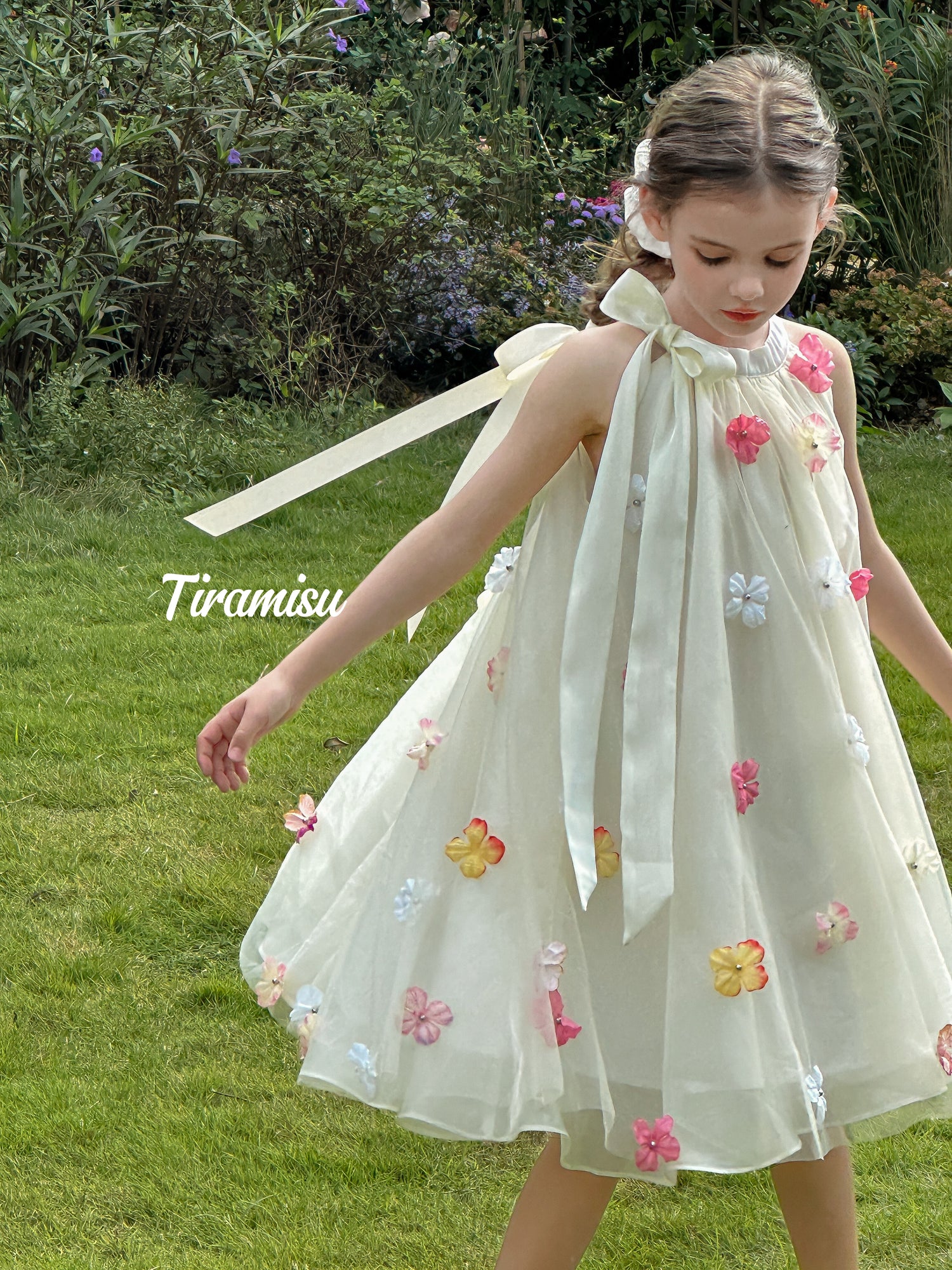 Sleeveless Halter Dress with 3D Floral Details for Girls Pre-order