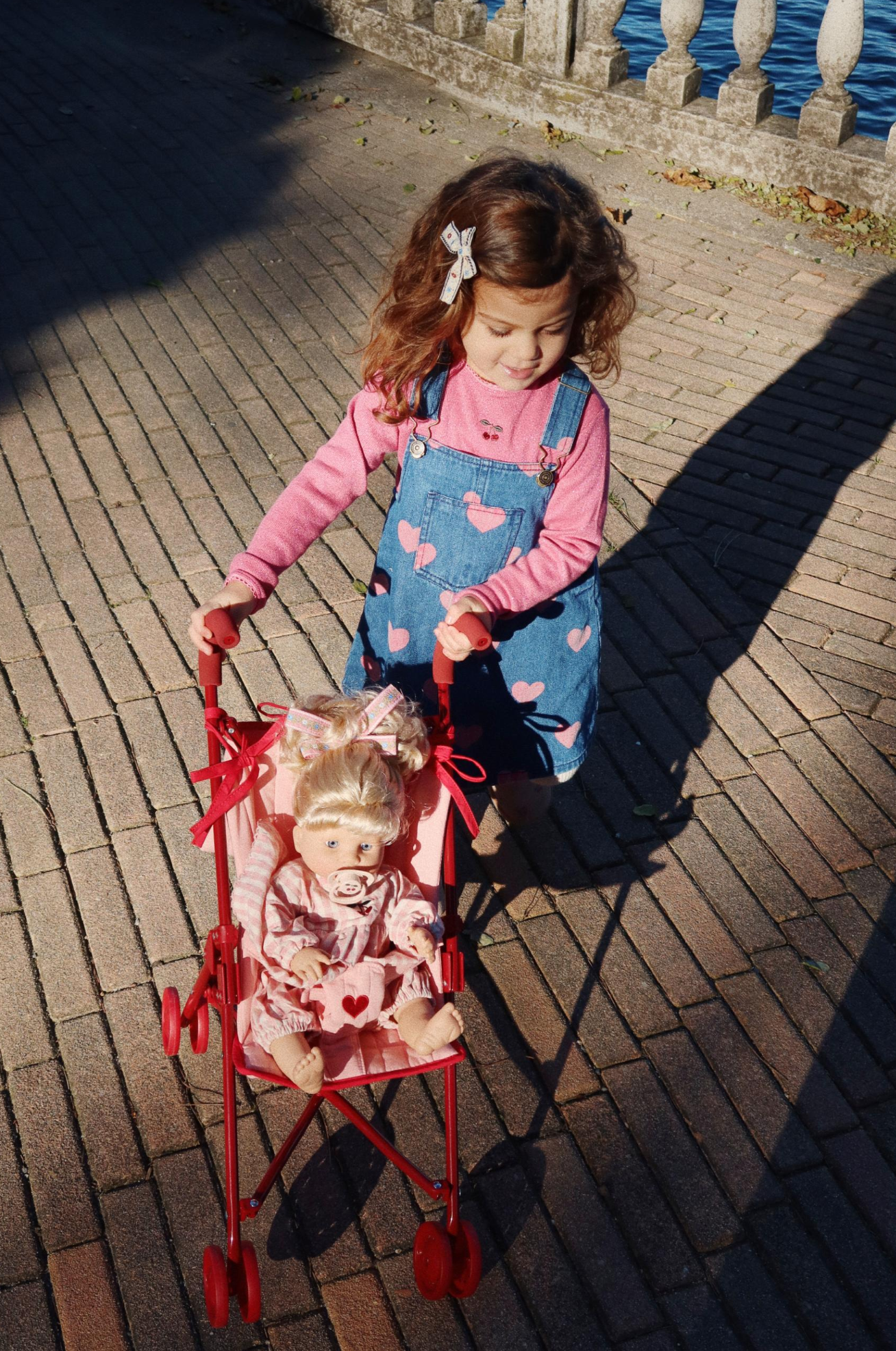 Girls' Denim Blue Pinafore Pink Heart Dress