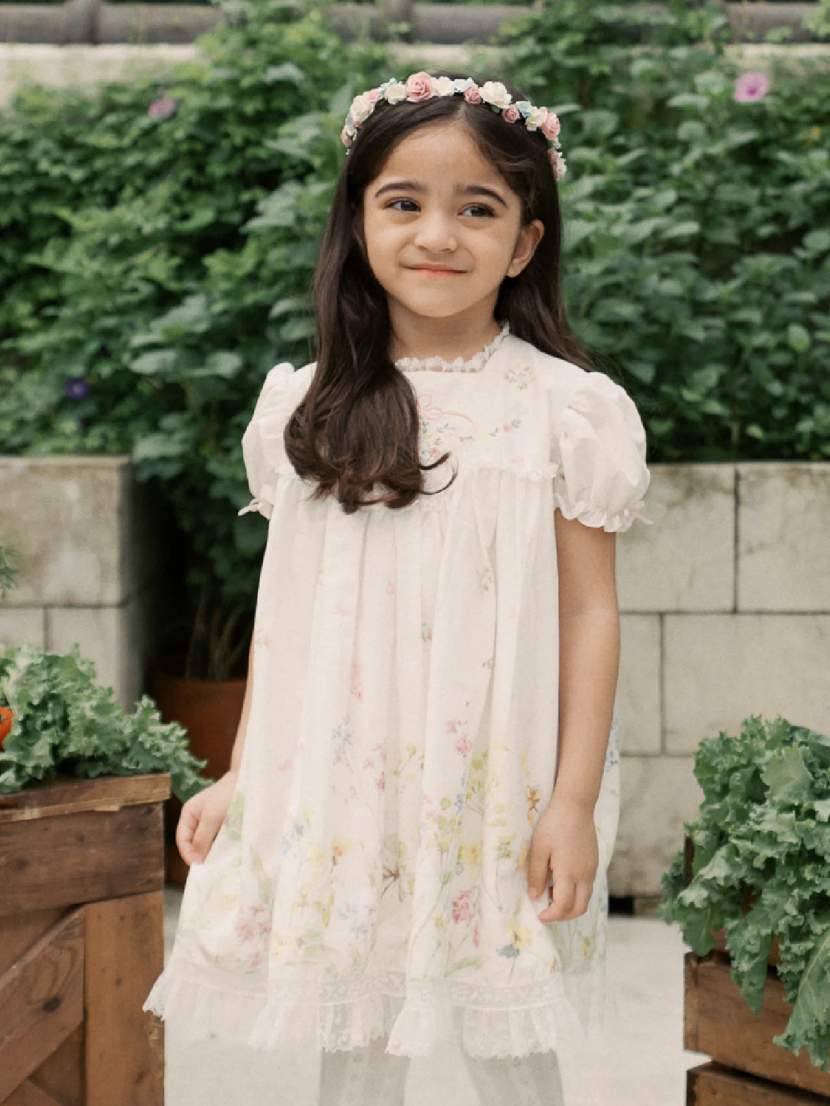 Floral Smocked  Lace Pink Satin Noori Dress