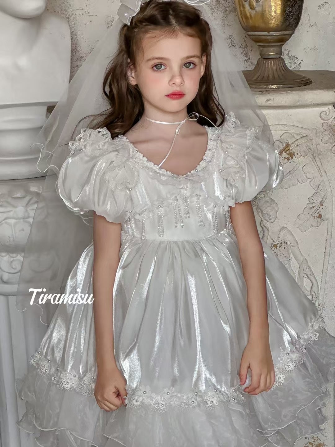 Tiramisu Bridal Dress with Tulle Skirt and Veil for Girls