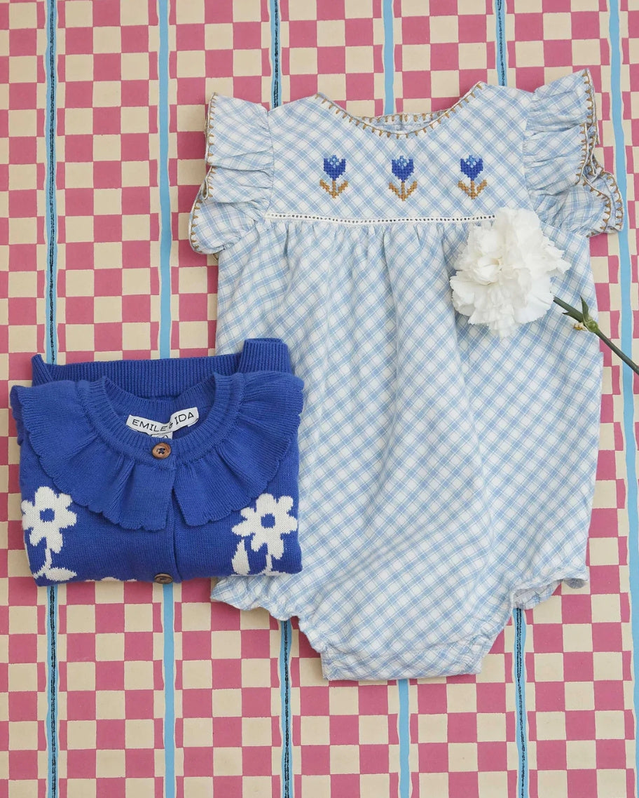 Emile Baby Blue Checkered Sleeveless Romper