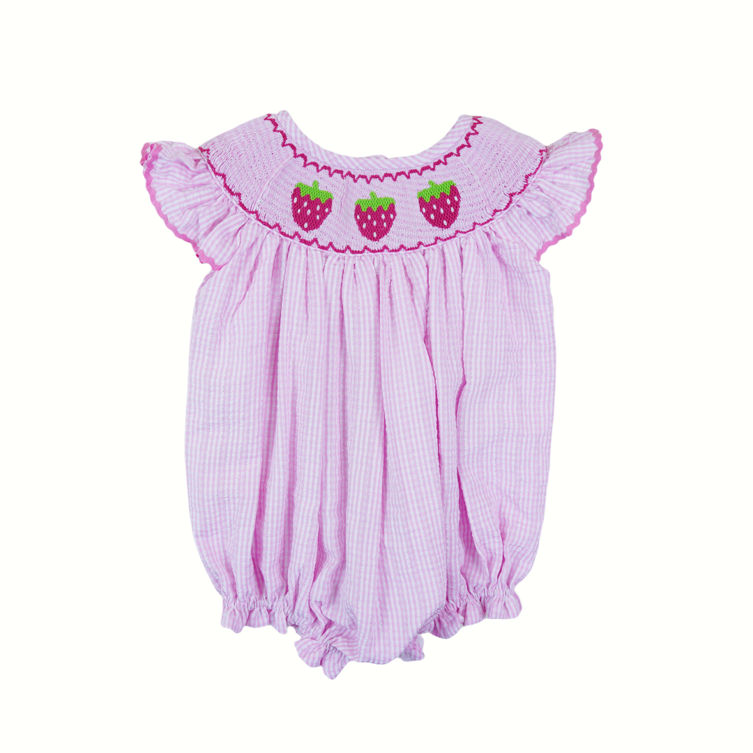 Hand-Embroidered Strawberry Smocked Romper