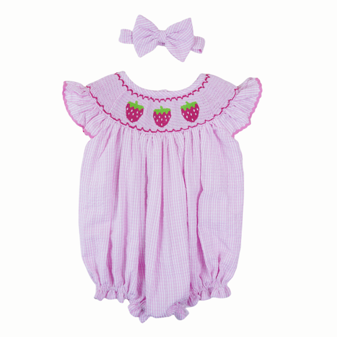 Hand-Embroidered Strawberry Smocked Romper