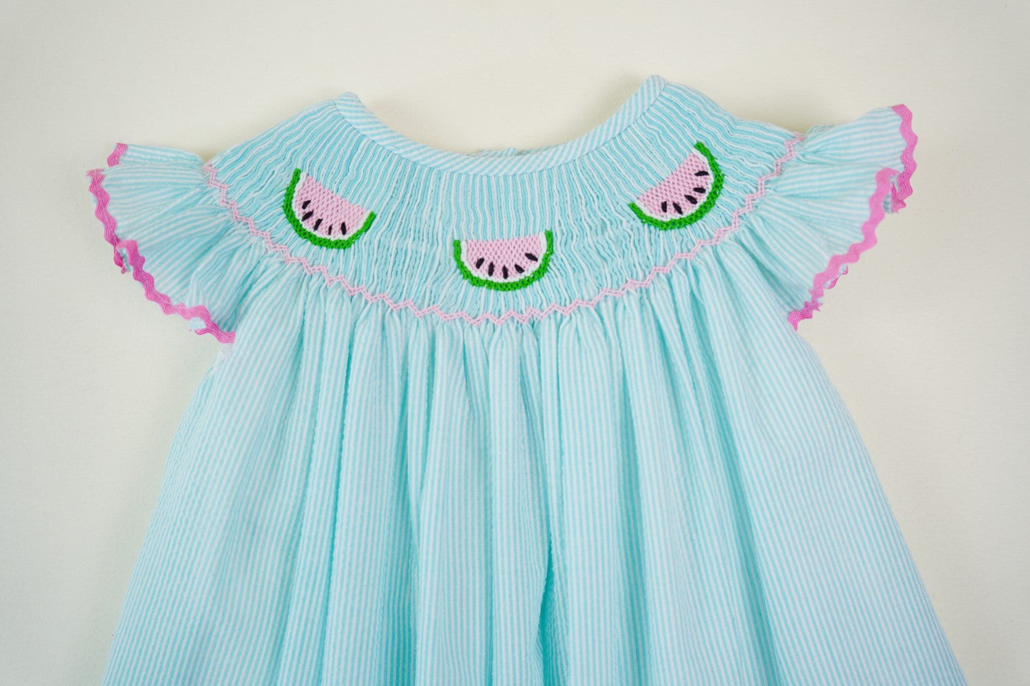 Hand-Embroidered Watermelon Smocked Romper